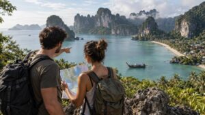 Travelers studying a map above limestone cliffs and turquoise water in southern Thailand