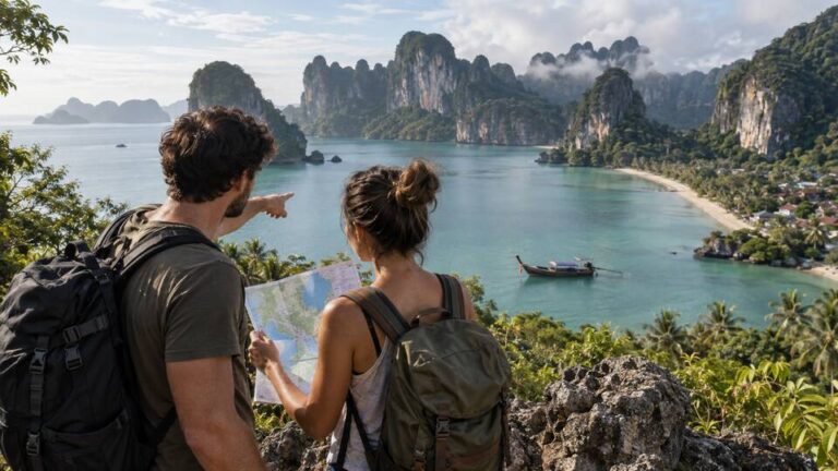 Travelers studying a map above limestone cliffs and turquoise water in southern Thailand