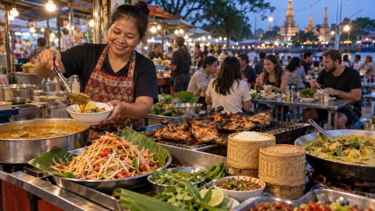 Thai market cook serving a variety of regional dishes to local diners and travelers