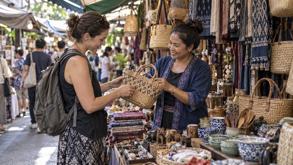 Traveler discussing a handmade bag with a vendor at a Thai weekend market