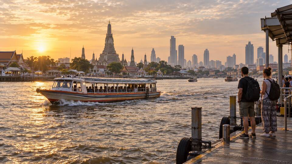 Travelers waiting for a passenger boat on Bangkok’s Chao Phraya River near Wat Arun